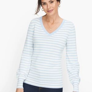 Talbots Women’s Blue White Striped V-Neck Cotton Pullover Sweater Size Medium